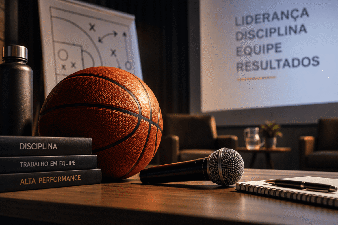 Bola de basquete, microfone e livros sobre disciplina, trabalho em equipe e alta performance em sala de evento corporativo